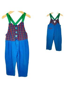 Vintage OshKosh Plaid Vest Elastic Suspender Overalls Romper Outfit 3T